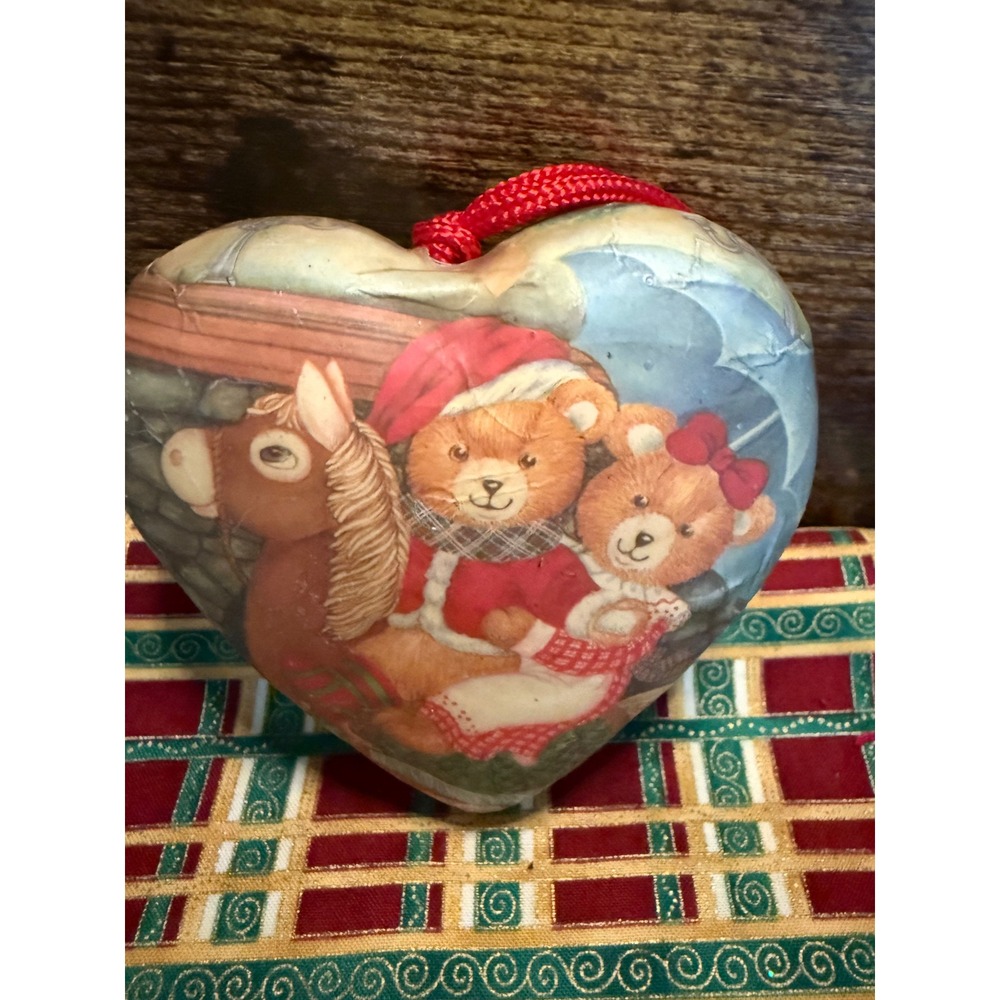 Vintage Teddy Bear Rocking Horse Heart Decoupage Christmas Ornament Red Cord